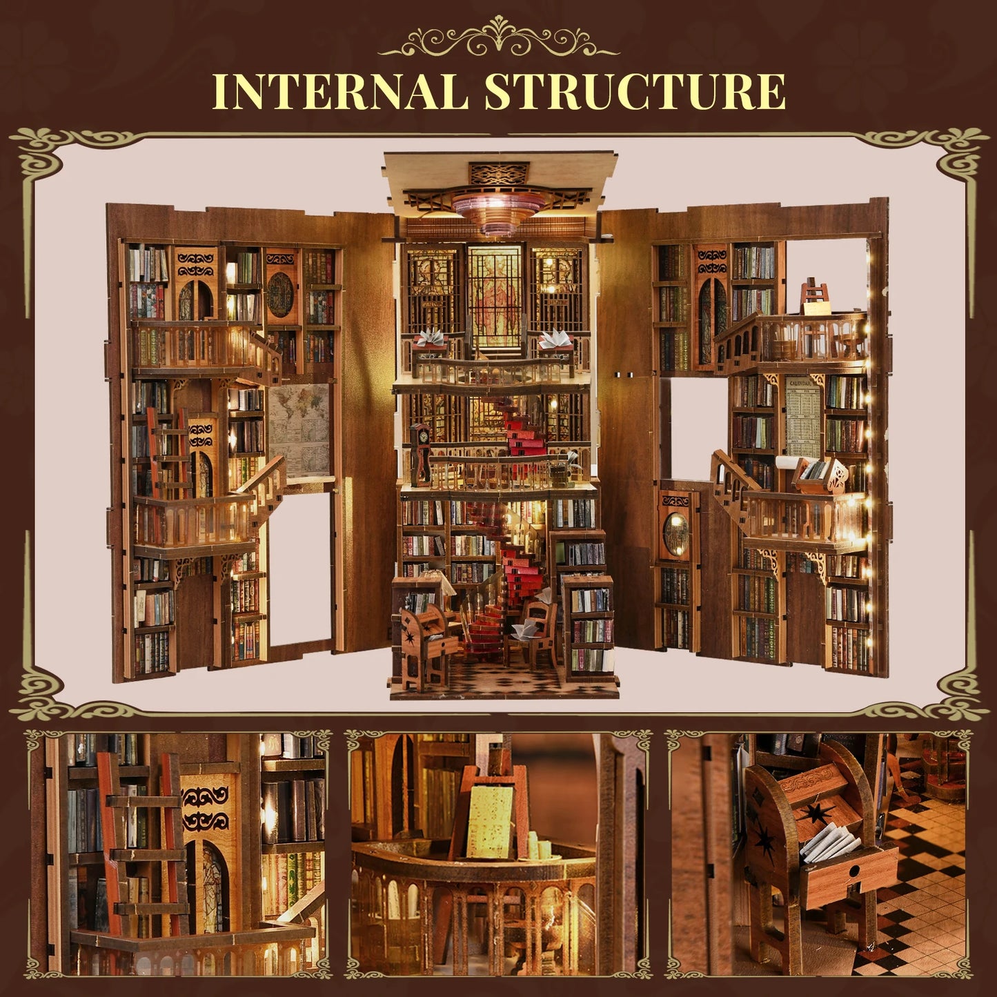 Minicity Book Nook Diy Craft Kit Miniature House Kit Diy Book Nook Kit 3d Wooden Puzzle-Abbey Library