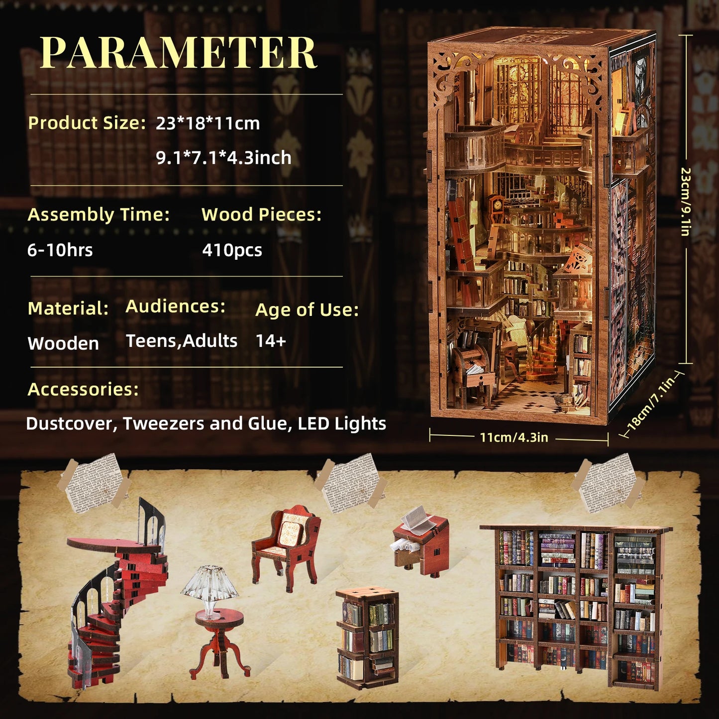 Minicity Book Nook Diy Craft Kit Miniature House Kit Diy Book Nook Kit 3d Wooden Puzzle-Abbey Library