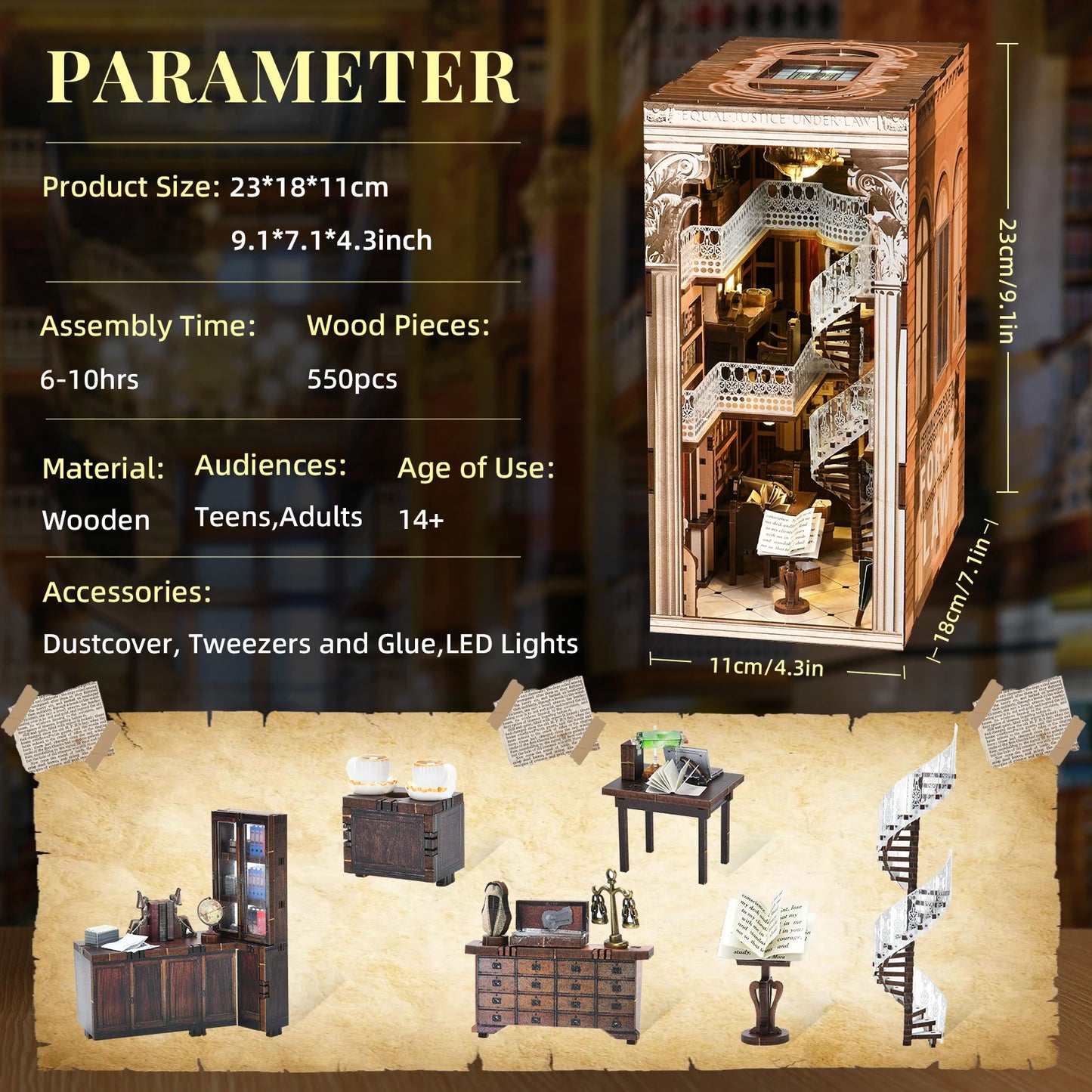 Minicity Hot Sale Law Library Book Nook Kit Library Book Nook Miniature House Kit DIY Craft Kit Library Book Nook